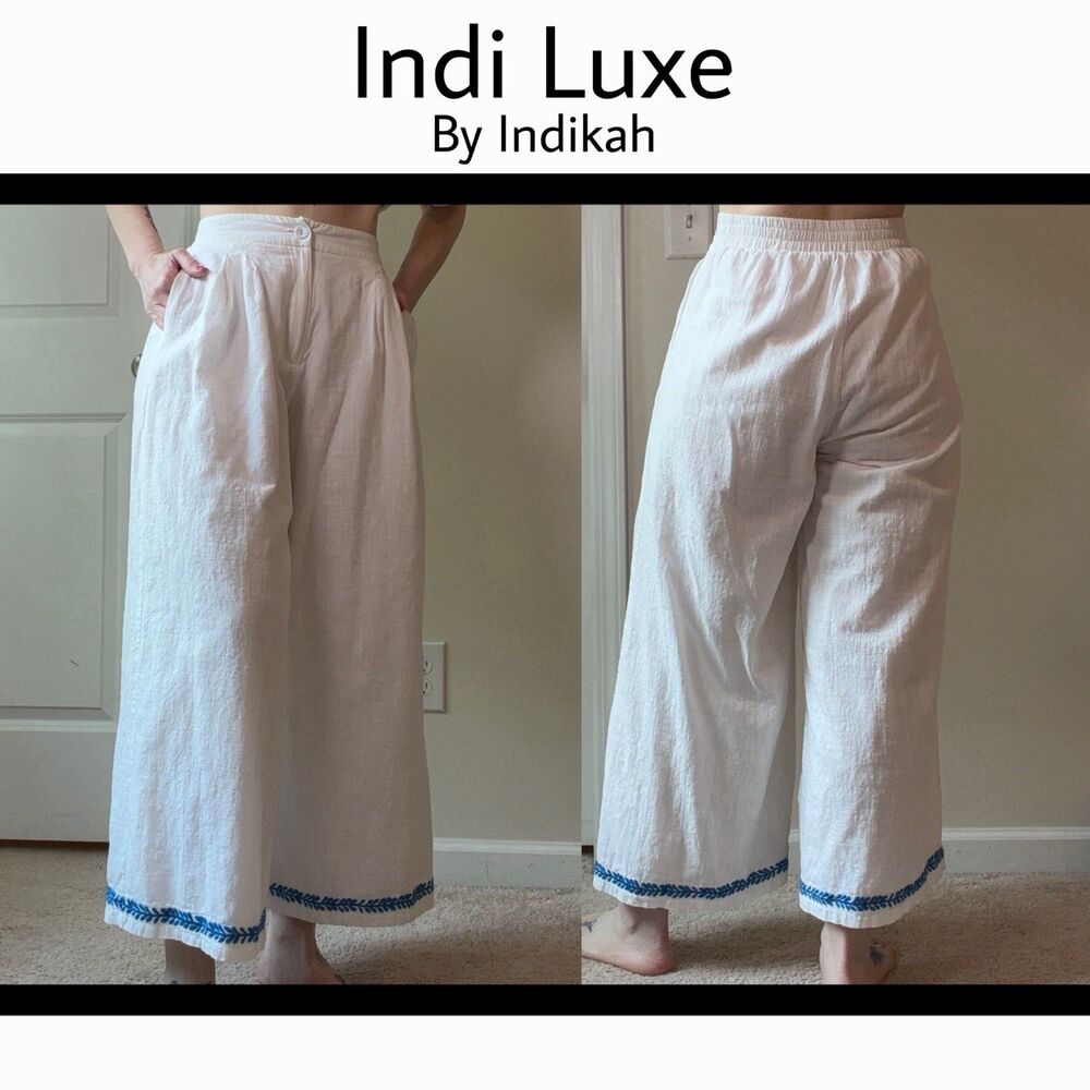 Indi Luxe By Indikah Wide Leg Embroidered Pants Cotton Blend White Women’s L